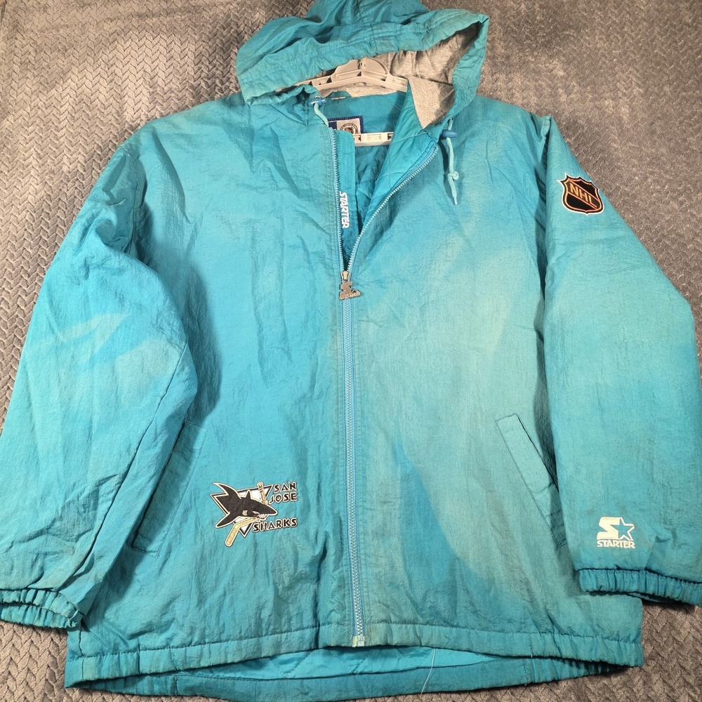 Vintage Starter San Jose Sharks NHL Men's XL Teal Nylon Full Zip Hooded Jacket